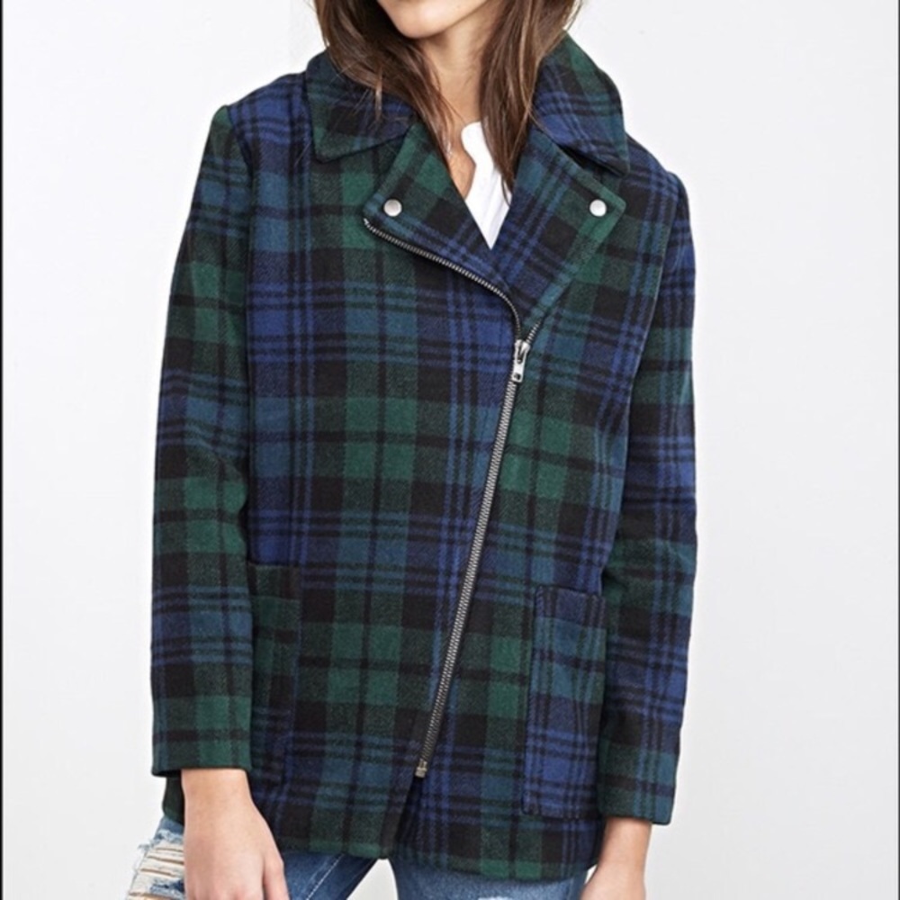Forever 21 Blue and Green Plaid Moto Coat, S